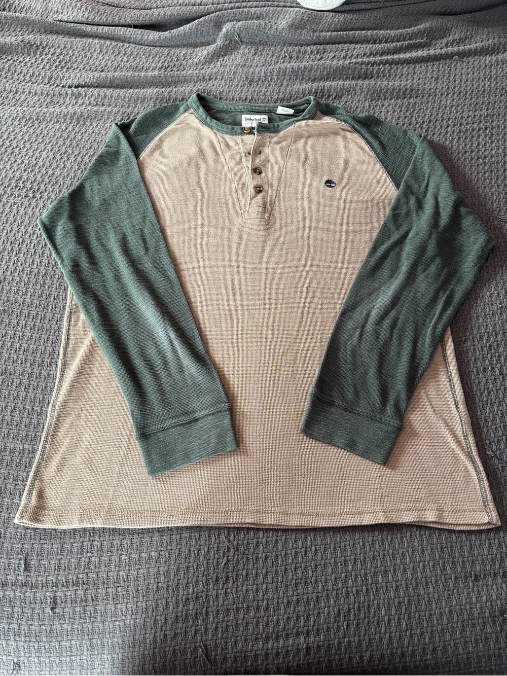 Timberland Beige & Green Waffle Henley Long Sleeve Thermal Cotton Slim Fit Shirt